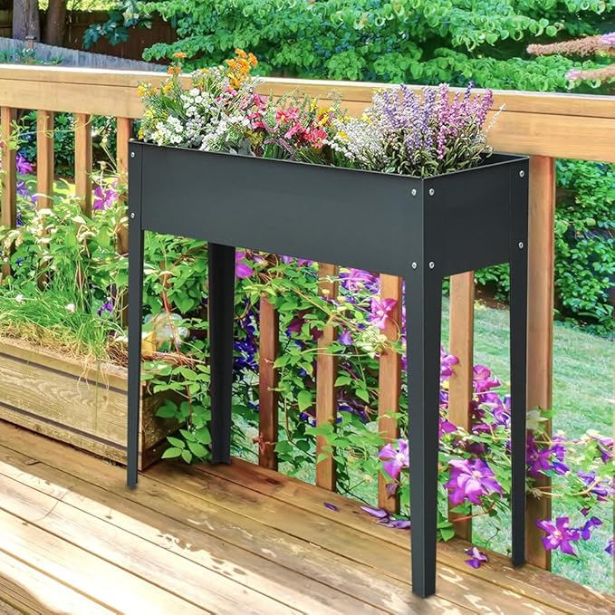 Metal Raised Garden Bed Galvanized Raised Planter BoxElevated Planter Box with Legs and Drain Holes for Balcony Backyard Patio Lasts Dark Gray