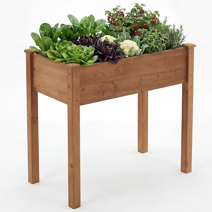 NEWBULIG Raised Garden Bed with Legs 34x18x30inElevated Wood Planter Box Stand for Outdoors Garden Balcony Courtyard Natural Wood 400 Pound Capacity for Planting Herbs Flowers Vegetables Brown