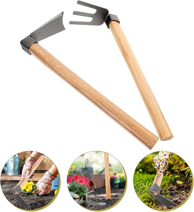 2pcs Gardening Tool Set Wooden Handle Digging Hoe and Steel Rake for Soil Loosening and Weeding in Garden and Vegetable Beds