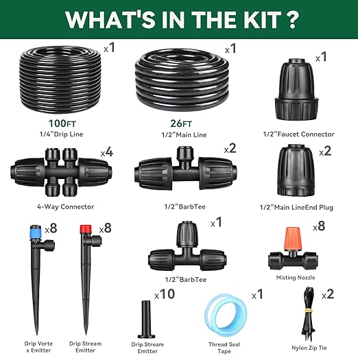 Drip Irrigation System for Garden 2026-Upgraded Quick Connect Garden Watering Kit All-in-One with 1/2 inch 1/4 inch Irrigation Tubing for Garden Lawn Greenhouse Raised Beds (126FT)