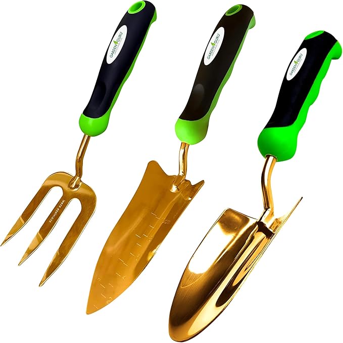 Garden Guru Titanium Garden Tool Set 3pc Hand Trowel Transplanter Cultivator – Heavy Duty - Rust Resistant - Ergonomic Handle – Perfect Gardening Tool Kit Gifts for Women &amp Men