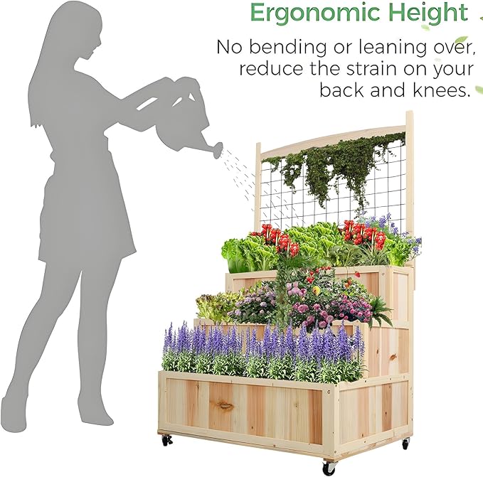Raised Garden Bed with Legs Wooden Standing Planter Box with 8 Grids Divider &amp Protective Liner Patio Raised Planter Box for Vegetables Flowers Herbs (Natural Light Wood 31.50 Inch)