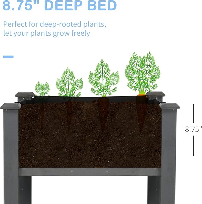 Outsunny Raised Garden Bed with Legs 48 x 22 x 30 Elevated Wooden Planter Box Self-Draining with Bed Liner for Vegetables Herbs and Flowers Backyard Patio Balcony Use Dark Gray