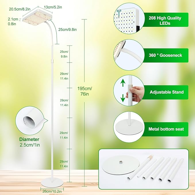 Floor Lamp Grow Light Bright Grow Lights with Stand for Tall Plants Bonsai Tree 4/8/12/16/20H Timer 25 Watt Power Draw NO Need Adapter 24-76 Height Daisy Chain Function