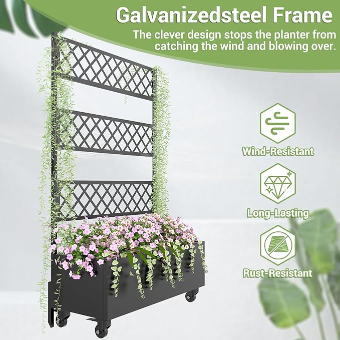 Metal Planter Box with Trellis Privacy Screen 67x41x16 Raised Garden Bed with Trellis Privacy Planter Boxes with Planting Bag &amp Lockable Casters for Climbing PlantsVegetablesand Vines