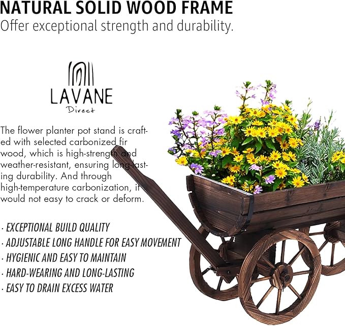 Wood Wagon Movable Planter Box LA VANE Wooden Rustic Garden Flower Pot Stand DIY Rolling Cart Wheelbarrow Raised Bed with Wheels &amp Drainage Hole for Indoor Outdoor Décor Patio Balcony Backyard