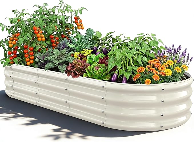 Oval Raised Garden Bed 5 x 2 x 1FT Galvanized Steel Planter Box with Wave-Shaped Metal Panels Painted for Outdoor FlowerTreeHerb &amp Vegetable Garden (White 60X24X12 inches)