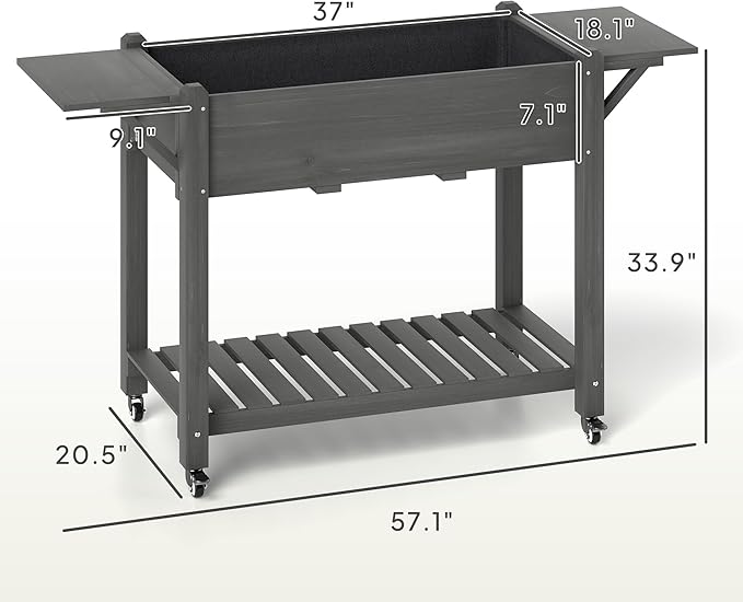 Elevated Garden BedWood Raised Planter Boxwith Lockable WheelsSide TablesBottom ShelfDrain Holes