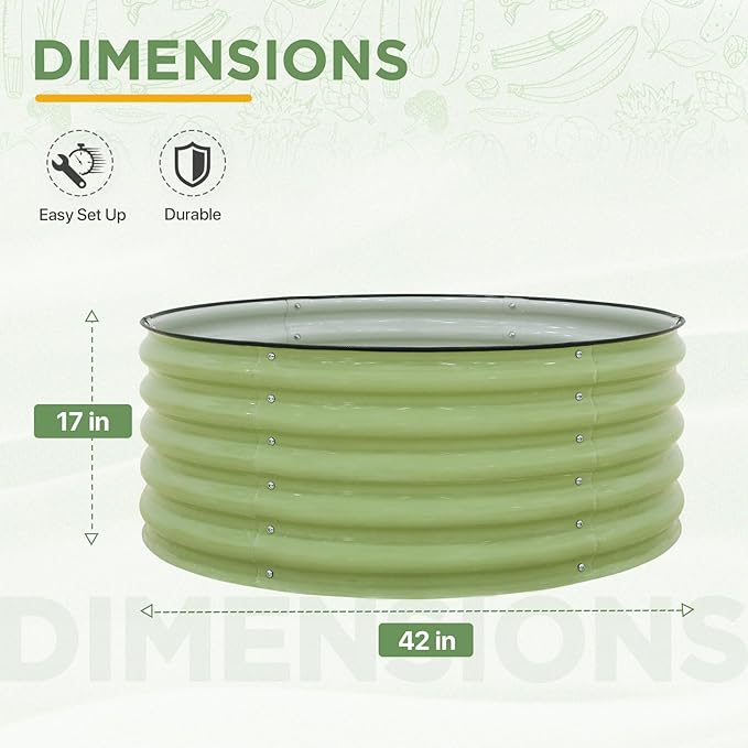 EAGLE PEAK 42'' Round 17'' Tall Raised Garden Bed Planter Outdoor Galvanized Metal Planter Box for Vegetables Flowers Herbs Olive Green