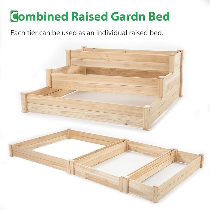 GERRIT 48.6 x 48.6 x 21inch 3 Tier Raised Garden Bed Horticulture Outdoor Elevated Flower Box Wooden Tiered Garden Bed Vegetables Growing Planter for Backyard/Patio/Gardener (Natural)