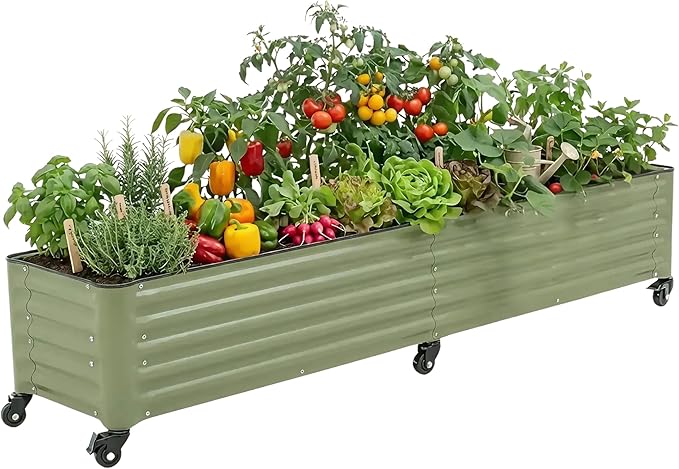 Vego garden Classic Rolling Garden Bed – 1.75' Mobile Metal Raised Garden Bed for Patio Deck Balcony – Deep Planting Space Durable &amp Easy to Move (Olive Green 1.75'X8')