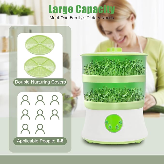 Household Automatic Bean Sprouts Machine 2 Layers Intelligent Bean Sprouts Maker 360° Sprinkler 110V Bean Sprouts Grow Kit with Blackout Cloth and 3 Seasonal Modes for Radish Sprouts