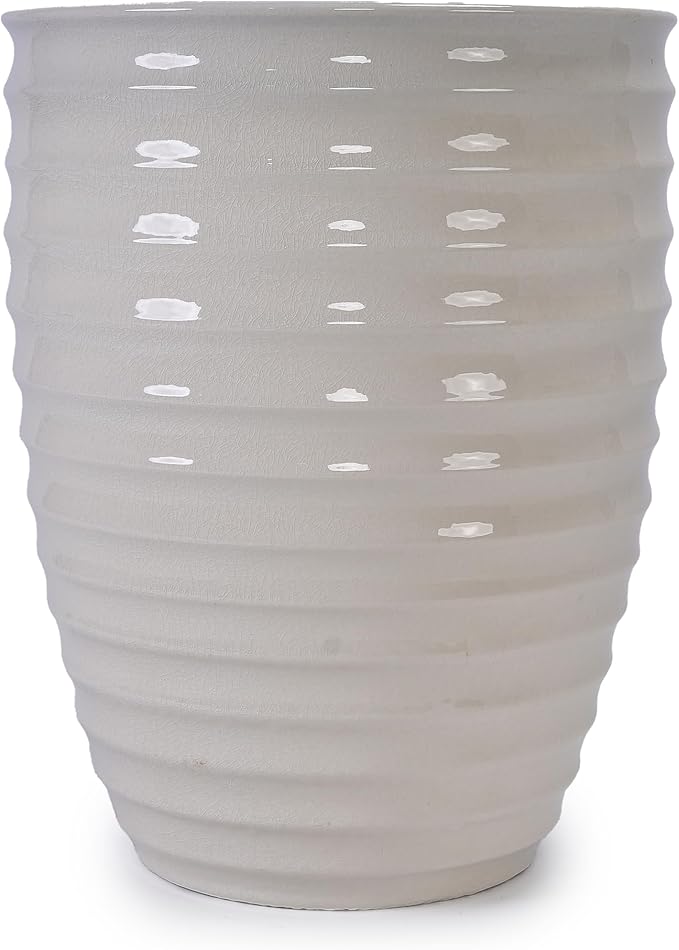 Handmade White Ceramic Planter 17 Diameter 1 Horizontal Ripple Ice Crack Pattern for Monstera and Fiddle Leaf Fig Indoor Outdoor Doorway Use Breathable Clay