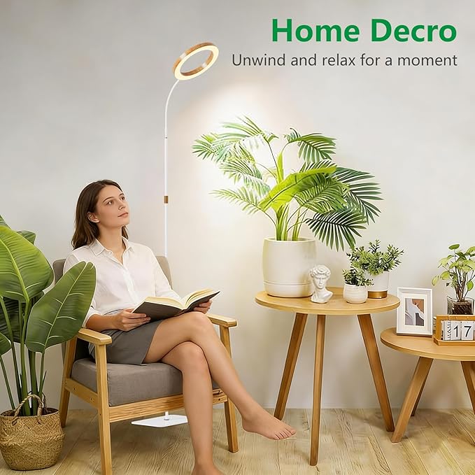 One Head Grow Light for Indoor Plants Full Spectrum - Floor Standing Plant Lamp with Auto Timer 6/12/18H 5-Level Dimmable &amp Adjustable Height 16.5-68in for Large Tall Plants |Faux Wood Design