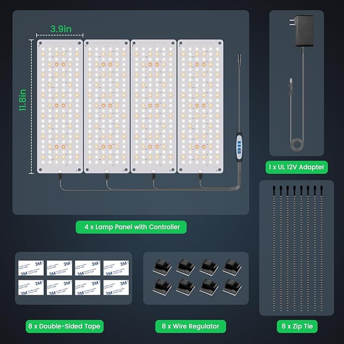 Garpsen Grow Light 6000K Full Spectrum Plant Lights for Indoor Growing with Auto Timer 6/12/16H 5 Dimmable Levels &amp 3 Color Modes 552 LEDs Grow Lamp Panel for Seed Starting Veg and Bloom(4Pane