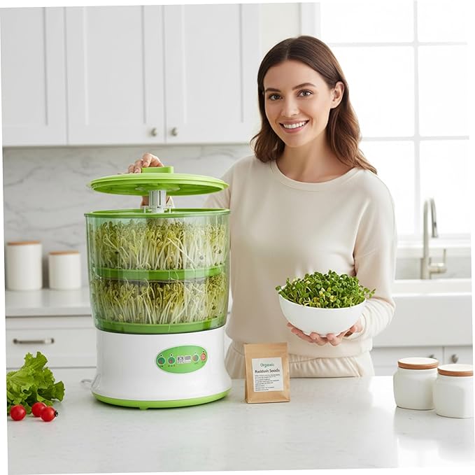 Bean Sprouts Machine Bean Sprouts Grow Kit 2-Tier Automatic Maker 3 Modes Seed Sprouter Kits for Indoor Gardening Green