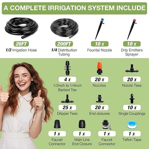 MIXC 226FT Greenhouse Micro Drip Irrigation Kit Automatic Patio Plant Watering System with 1/4 &amp 1/2 Tubing Adjustable Nozzles Emitters &amp Barbed Fittings for Efficient Irrigation