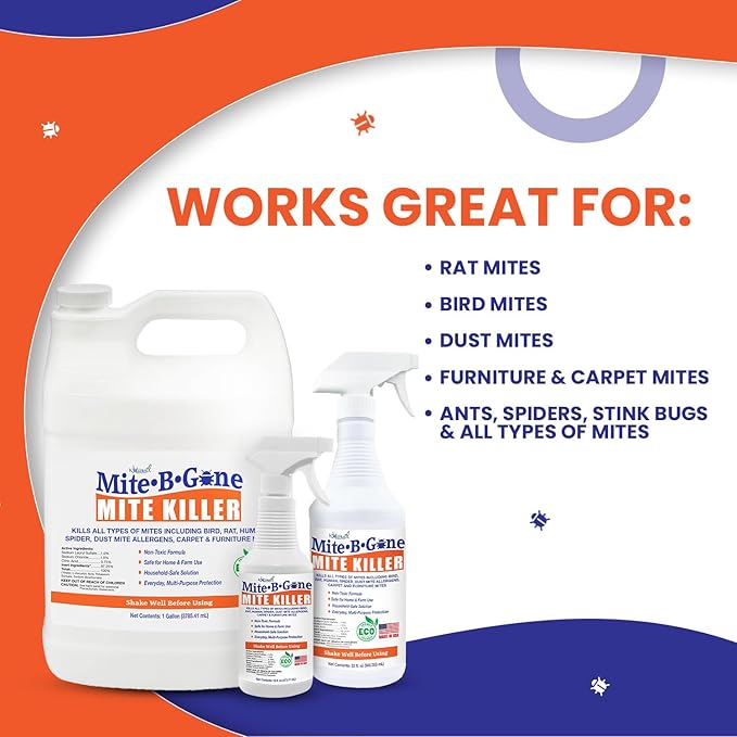 Mite Killer Spray - 1 Gal Natural Mite Treatment Kills Human Dust Chicken Poultry Bird Carpet &amp Rat Mites in Homes and Farm | Family &amp Pet Safe by Mite-Be-Gone