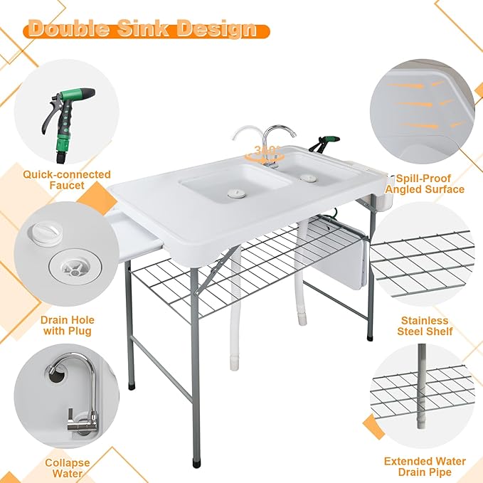 Fish Cleaning Table with 2 Sinks &amp Grid Rack - 42.5” Outdoor Fish Fillet Cleaning Station for Camping Patio Kitchen RV &amp Beach