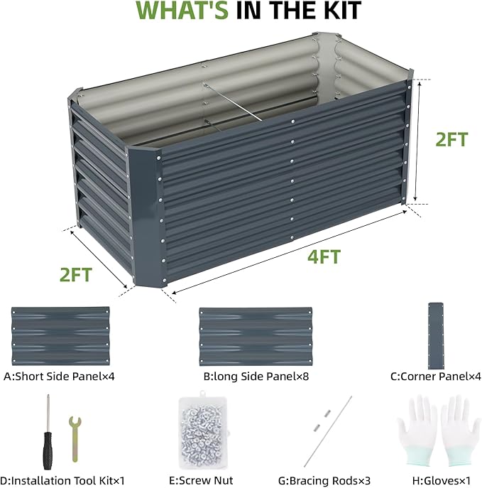 4x2x2ft Raised Garden Bed - Galvanized Deep Root Planter Boxes Outdoor with Wing Nuts and Safety Edges for Gardening Vegetables Flowers Herbs Succulents - Gray