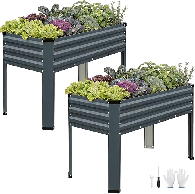 Galvanized Raised Garden Bed with Legs 2 Pack 48x24x32in Elevated Raised Garden Bed Outdoor with Drainage Holes Planter Boxes for Gardening Vegetable Flower Fruit in Backyard Patio Balcony (Grey)