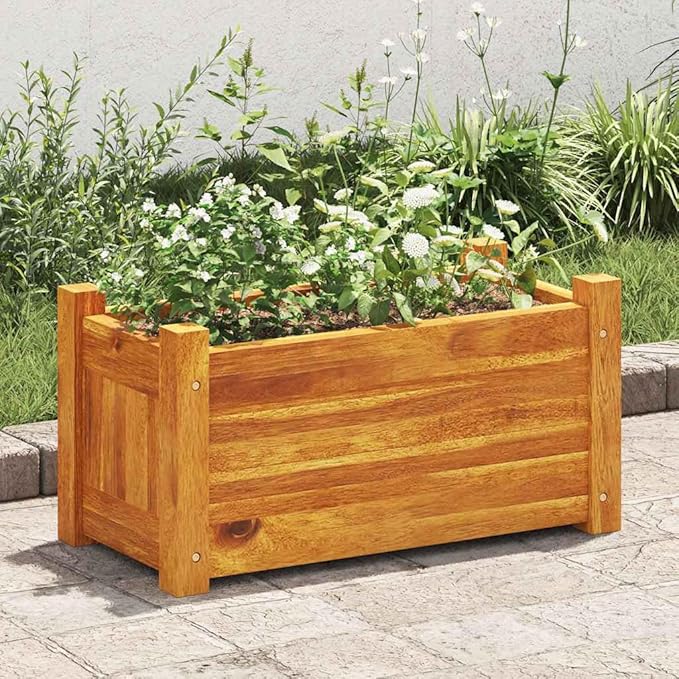 Brown Acacia Wood Raised Garden Bed Oiled Finish 19.7x9.8x9.8 Inch Compact Planter for Outdoor Plants Durable for Balcony Gardening