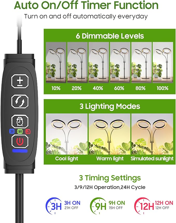 Grow Lights for Indoor Plants Full Spectrum LED Plant Light with Metal Base Plant Growing Lamps with Timer 3/9/12H 3 Color Modes 6 Brightness Levels 25-38'' Adjustable Height