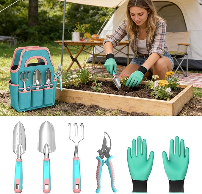 Garden Tool SetPlanting Trowel Rake Gloves with Pruner - Garden Set with Tote - for Indoor Outdoor Lawn Backyard Patio Balcony Greenhouse