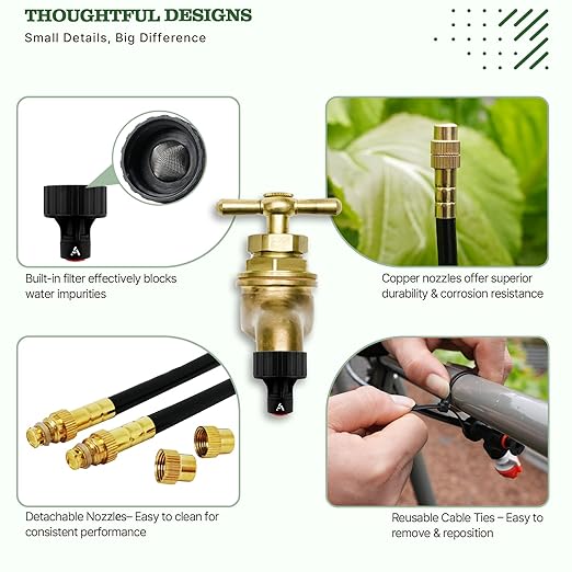 A ANLEOLIFE 50FT Drip Irrigation Kit for Patio Potted Plants 360° Bendable Copper Nozzles Quick-Connect 1/4 Tubing for Container Gardens Micro Drip with Adjustable Water Flow (Timer Not Included)