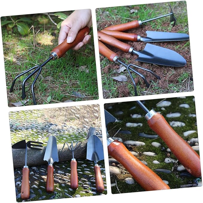 VALICLUD 4pcs Garden Hand Tool Set with Extended Narrow Spade 3-Prong Cultivator Dual-use Hoe and Rake and Soil Scoop for Planting and Weeding in Small Planters