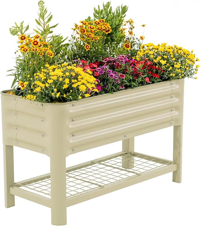 Elevated Raised Garden Bed for Kids 16(W) x 36 (L) x 22(H) Outdoor Planters Box with Legs &amp Storage Rack Solid &amp Safe Raised Beds for Gardening Herbs Vegetables Flowers Pearl White