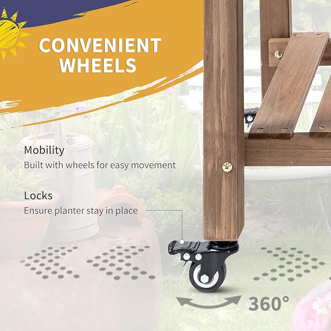 Raised Garden Bed with 8 Grow Grids Wooden Outdoor Planter Box with Wheels &amp Folding Side Table Self-Draining Elevated Plant Box for Vegetables Flowers Herbs 49 x 21 x 34 Brown