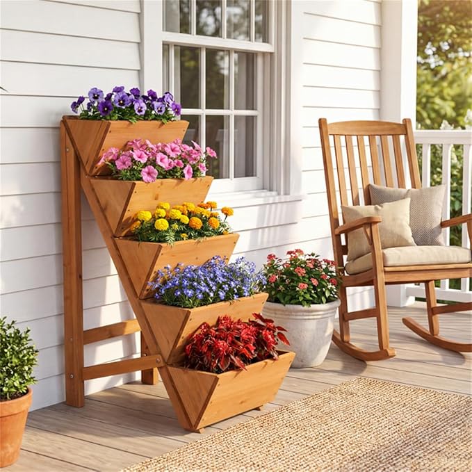 5-Tier Vertical Raised Garden Bed for Flowers Wooden Ladder Large Capacity Plant Stand for Balcony 59 Tall Fir Wood Planter Shelf with 12X21 Base Corner Plant Shelf for Patio Decor Plant Holder