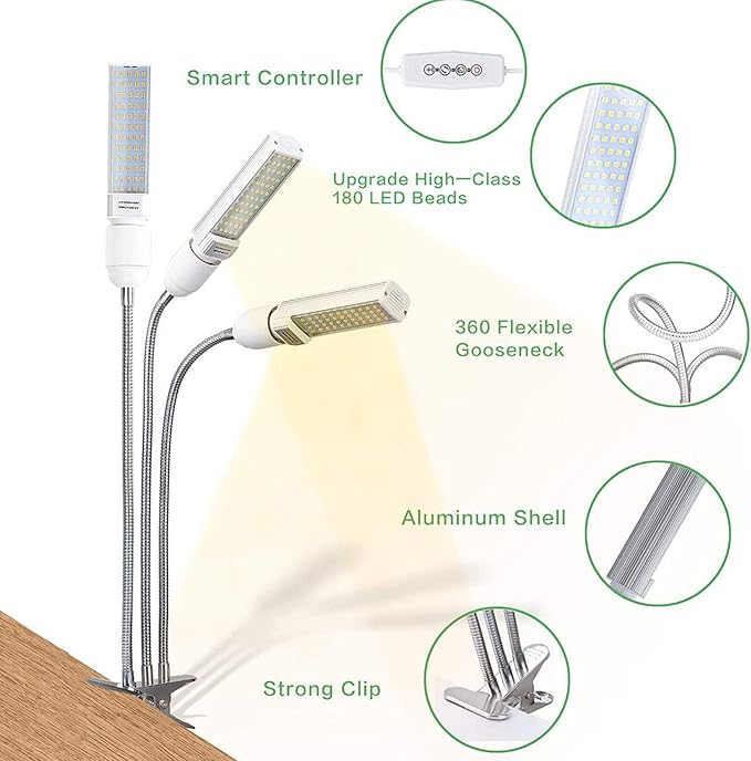 68W 132 LED Grow Light Plant Grow Light for Indoor Plants Tri-Head Full Spectrum Plant LampAdjustble Gooseneck &amp Desk Clip On 3 6/12H Timer 4 Switch Modes5 Dimmable Levels