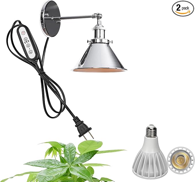 2-Pack Hook Type Wall Mounted Plant Light Full Spectrum 25W 6000K White Light Timing Silver Metal Adjusted Angle Modern Wall Lamps for Plants Flowers Indoor Growing