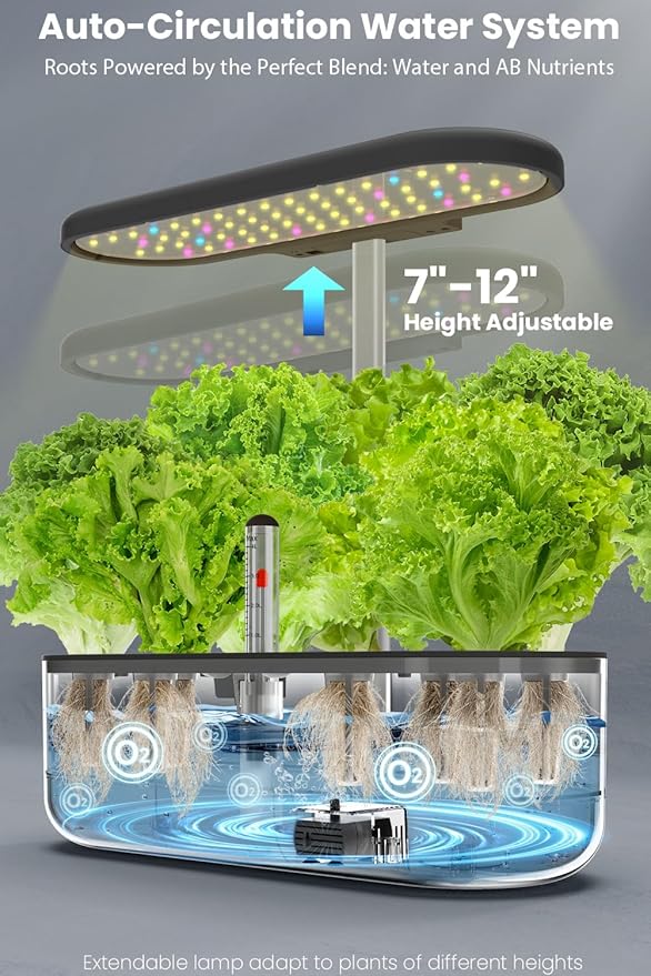 inbloom 12 Pods Hydroponics Growing System Kit Herb Garden Planter Indoor Kit Indoor Gardening Hydroponics Growing System with Pods 4.2L Water Pump Height Adjustable Gifts for Woman Black