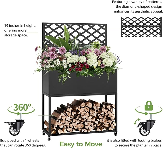 Raised Garden Bed with Trellis Metal Raised Planter Box with Trellis Privacy Planters for Patio Raised Garden Beds Outdoor Standing with Drainage Holes Wheels Black