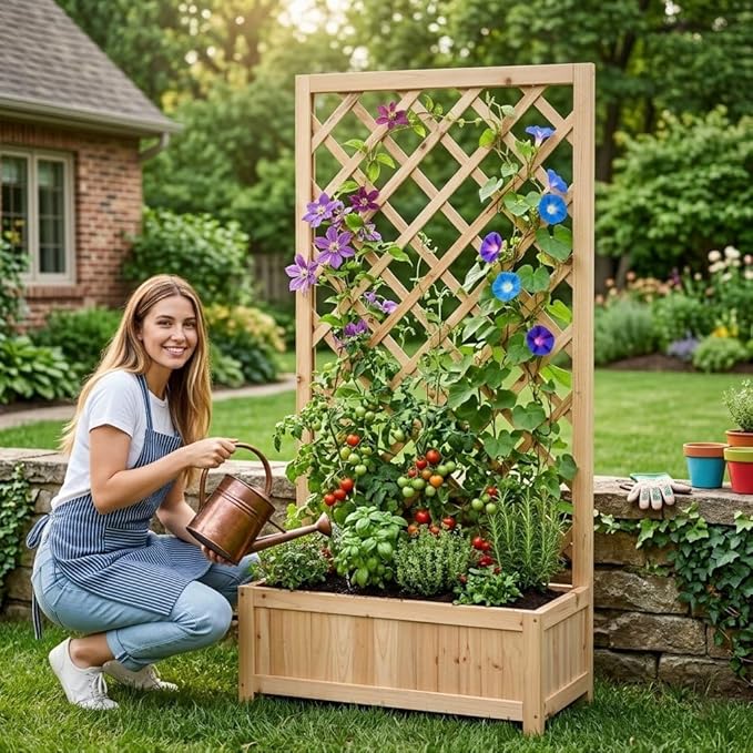 Wooden Raised Garden Bed with Trellis 47 Outdoor Planter Box for Climbing Plants Vertical Natural Wood Garden Planter for Vegetables Flowers &amp Vines Lattice Plant Support for Patio Yard Balco