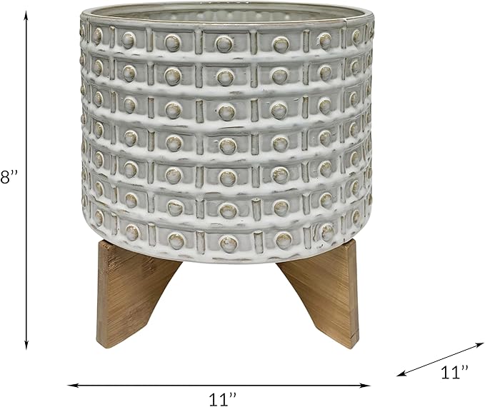 Generic 10 Dotted Planter WWood Stand Ivory Beige