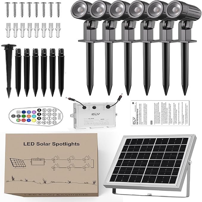 CLY Solar 6 in 1 RGB Spotlights Outdoor Garden 10 Colors 12 Modes Solar Garden Floodlight Landscape Spotlights IP66 Waterproof 59.06ft Cable Spike Light for Lawn Patio Balcony