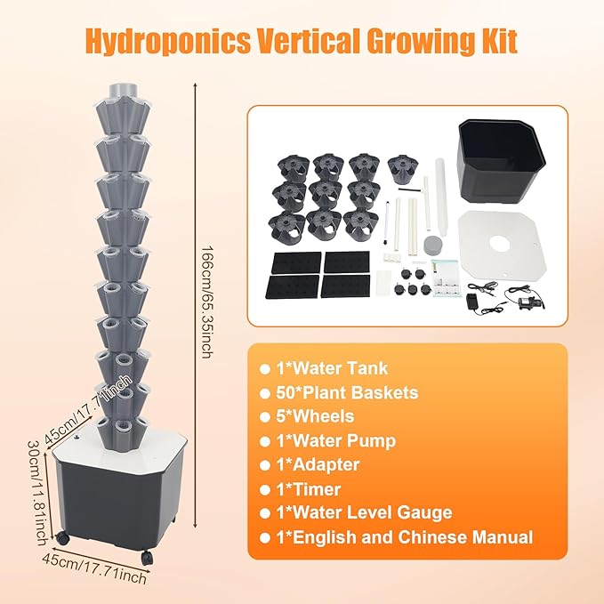Hydroponic Growing System Kit Aeroponic Tower 50 Hole Garden Vertical Vegetable Planting System with Pump&ampTimer and Mobile 11.89Gal Water Tank (Grey)