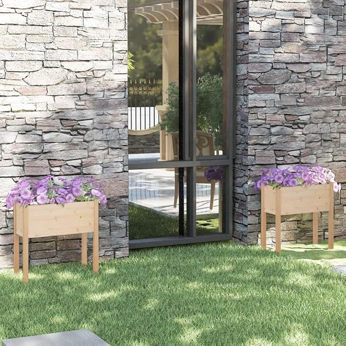 Garden Planter Set Natural Wood 2 Piece Pinewood Rectangular Welded Galvanized Steel Grid for Patio Landscape Walls Garden Bed Raised - vidaXL