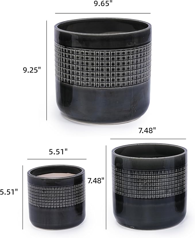Handmade Black Glazed Ceramic Planter Set of 3 9 7 6 Diameter Grid Pattern for Succulents Cacti IndoorOutdoor Shelf Table Use Porous Clay with Drainage Holes