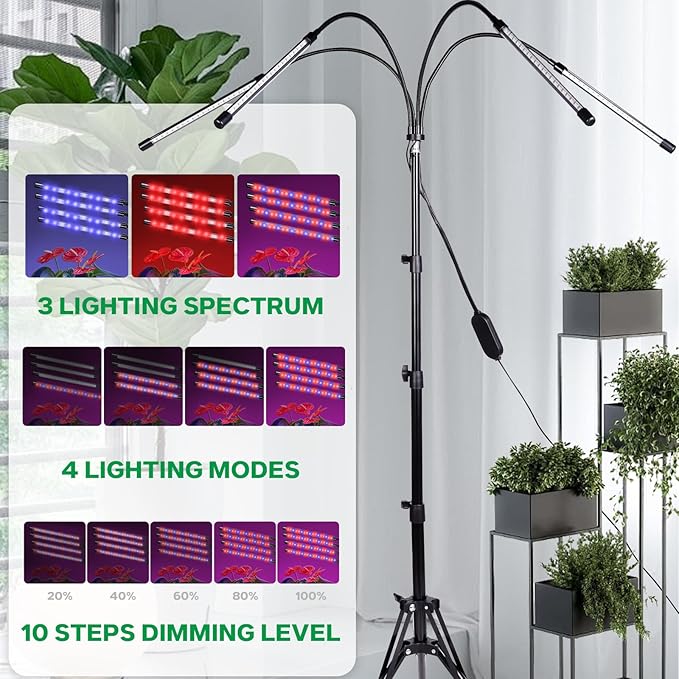 4-Head Floor Grow Lights for Indoor Plants - 15-63 Tripod Red/Blue Spectrum &amp Remote Control - Auto 4/8/12H Timer 10 Dimmable Levels for Tall Potted Trees (4-Head)