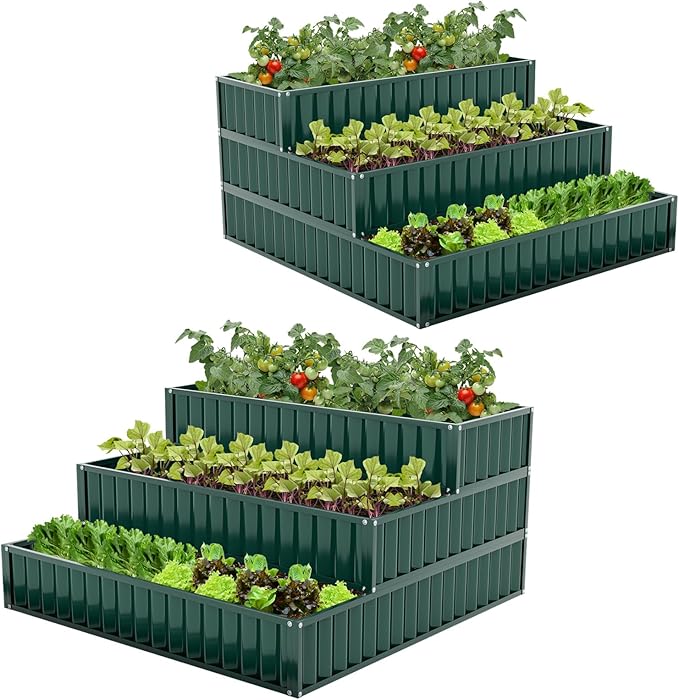 HAPPYGRILL 3-Tier Raised Garden Bed Galvanized Elevated Garden Bed w/Open-Ended Base for Deep Rooted Plants Vegetables Flowers Modular Assembly Outdoor Planter Box for Patio Backyard (2 Green)