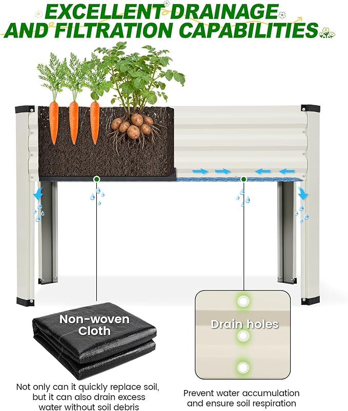 Galvanized Raised Garden Bed with Legs 2 Pack 48x24x32in Elevated Raised Garden Bed Outdoor with Drainage Holes Planter Boxes for Gardening Vegetable Flower Fruit in Backyard Patio Balcony (White)