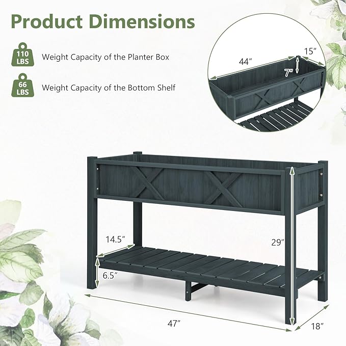 Raised Garden Bed with Legs 47 x 18 x 29 Inch Elevated Planter Box w/HIPS Frame Drainage Holes &amp Storage Shelf Standing Raised Planter for Flowers Herbs Outdoor Balcony Backyard (Black)