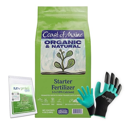 Coast of Maine SF6001 Starter Fertilizer 4 LB – Organic Plant Starter Formula for New Gardens with My Garden Pool Soil Test Strips &amp Claw Gardening Gloves