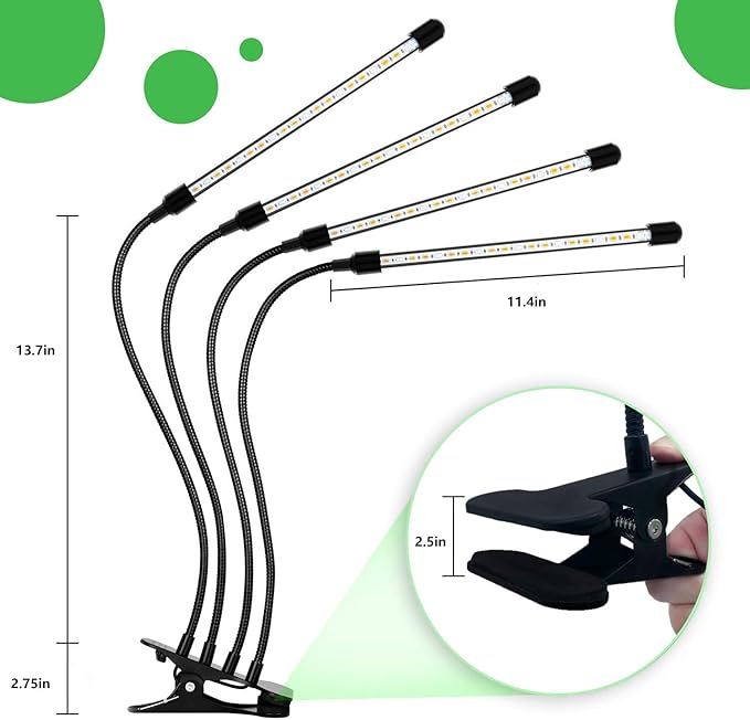 Grow Light80W Clip Growing Lamp 9 Dimmable Level Full Spectrum LED Grow Light with Auto OnOff 3912H Timer Adjustable Gooseneck 3 Switch Modes Plant Light for Indoor Plants 4 Heads