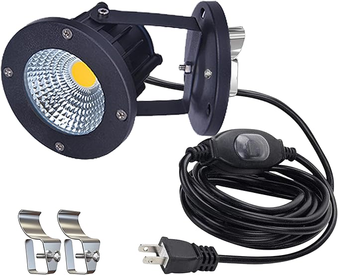 Kiven 7W LED Indoor/Outdoor Waterproof SpotlightDimmable Porch Light with Vinly Siding Hooks9.84 FT Plug-in Cord and Remote Control Plug in Accent Light for Plants Porch Garden